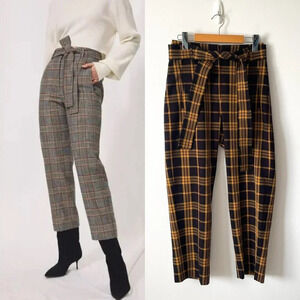 Aritzia Wilfred Tie-Front Jallade Cropped High Waisted Pant Plaid Size 2